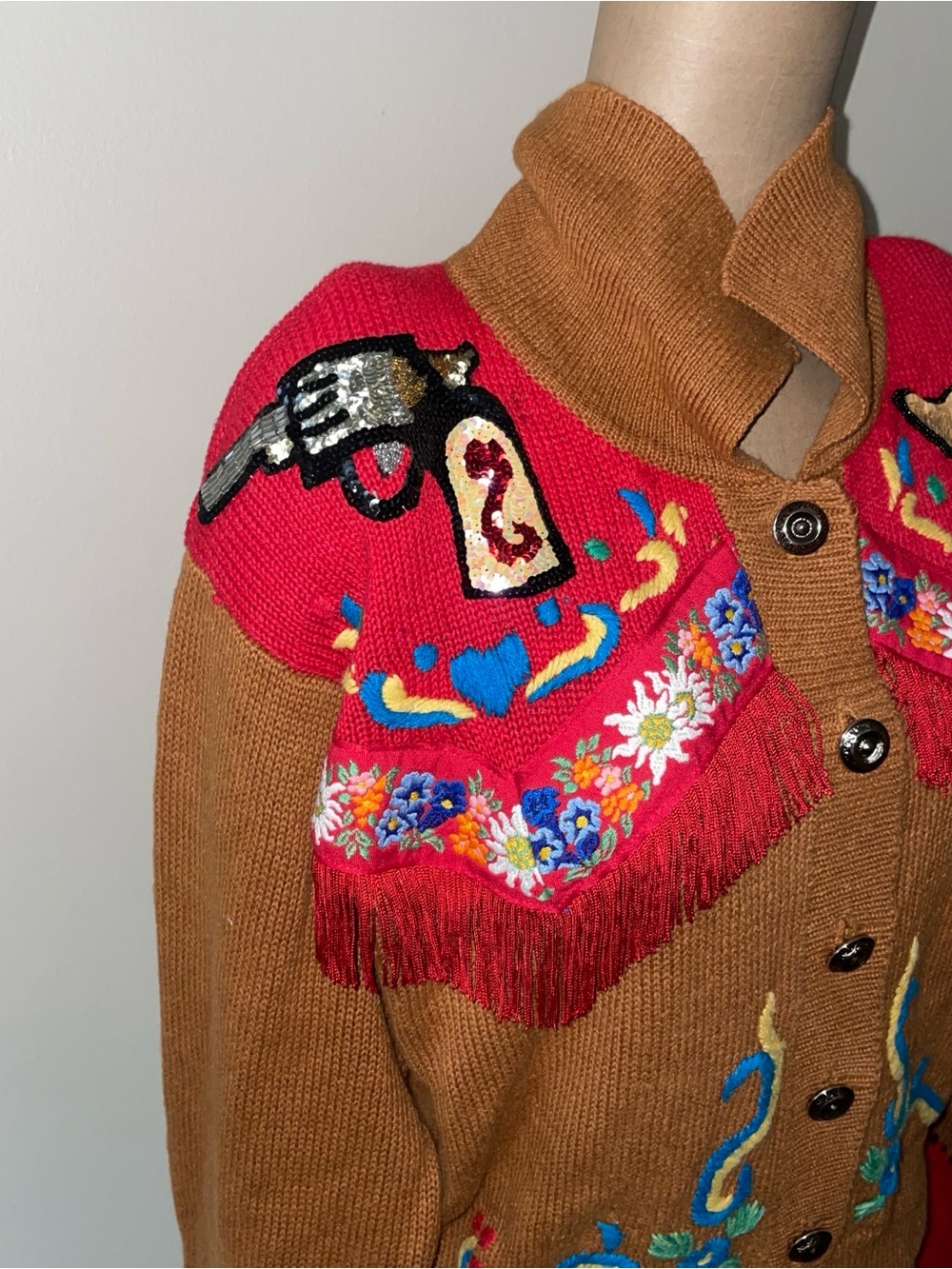 Embroidered Brown & Red‎ Fringe Button-Up Cardigan - Picture 4 of 10